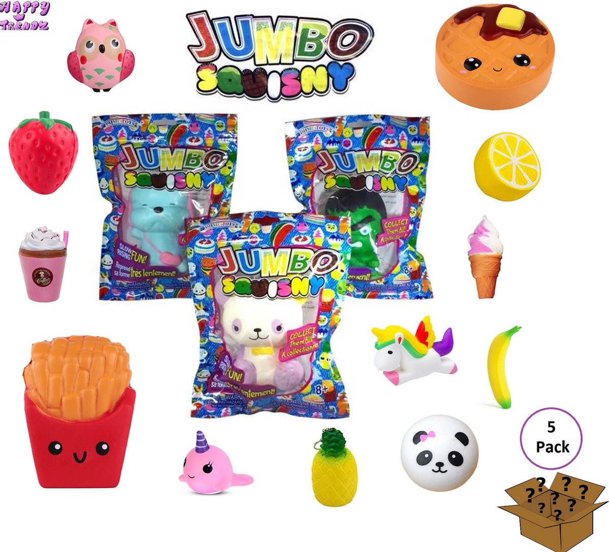 Happy Trendz® Mystery Pakket 5 stuks Jumbo Squishys Squichie - Stressbal Anti-Stress | squishies squishy soft animal - Sqeezy Squeezy Pop it Fidget - Fidget toys slow Rising - Fun